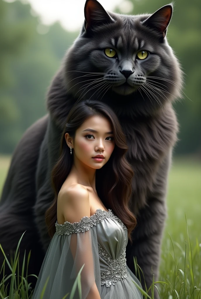 Realistic portrait of a beautiful girl, wearing a silver dress, standing outdoors in the grass, surrounded by a huge super tall black and gray Maine Coon cat, (Best Quality, 4K, 8K, HD, Masterpiece: 1.2), Ultra detailed, (Realistic, Photorealistic, Photorealistic: 1.37), Extremely detailed CG, 1 girl, Beautiful detailed eyes, Beautiful detailed lips, Extremely detailed eyes and face with Long Eyelashes, Vibrant Colors, Studio Lighting, Physically Based Rendering, Professional Grade