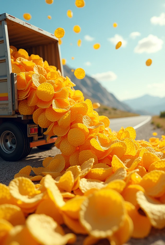 Yellow Potato Chips are coming out from truck which is full from yellow colour chips packet without logo( truck should be from side angle and show full truck image going on road or highway