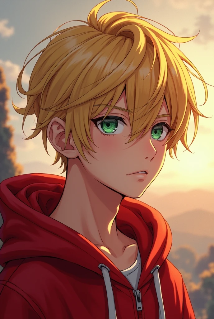 Create an anime-style image of a male character with blond hair, greeneyes, a mole on the nose, and wearing a red sweatshirt. He is wearing a red reflective hoodie looking at the horizon. 
