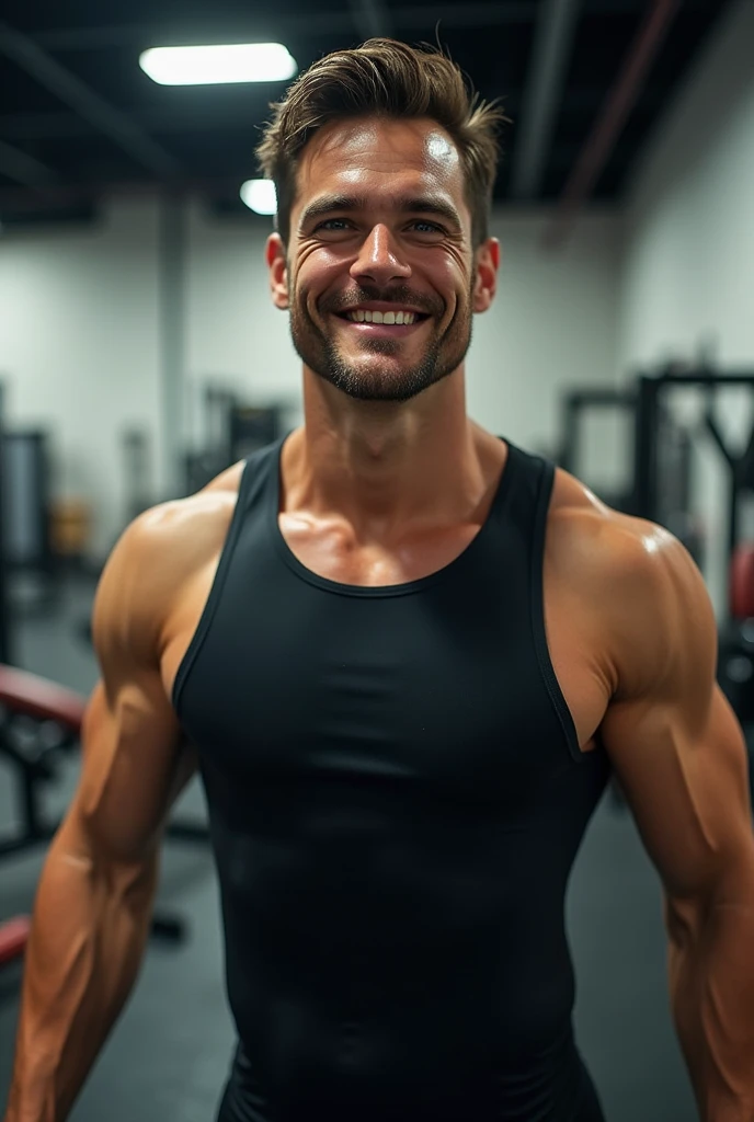 Henry Cavill at the gym, wearing compression gear looking happy 