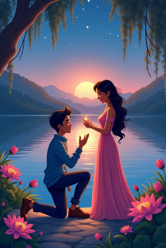 Create a Indian cartoon charcter of couple  A serene lakeside setting during twilight, with the man down on one knee holding a ring, proposing to the girl. She is surprised and emotional, dressed in an elegant gown, while he is in a smart casual outfit. The lake reflects the starlit sky, adding to the romantic