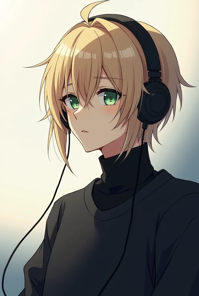 A profile picture of an anime boy with blonde hair and green eyes, with outline, and with thoughtful headphones, in a black sweatshirt and turtleneck, and watching the horizon, a little serious and melancholic 