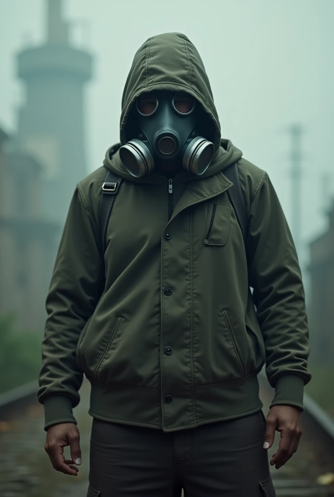 Gas mask on man