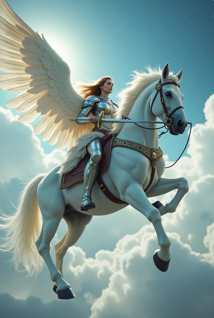Valkyrie with a sword, on a white horse in the sky 