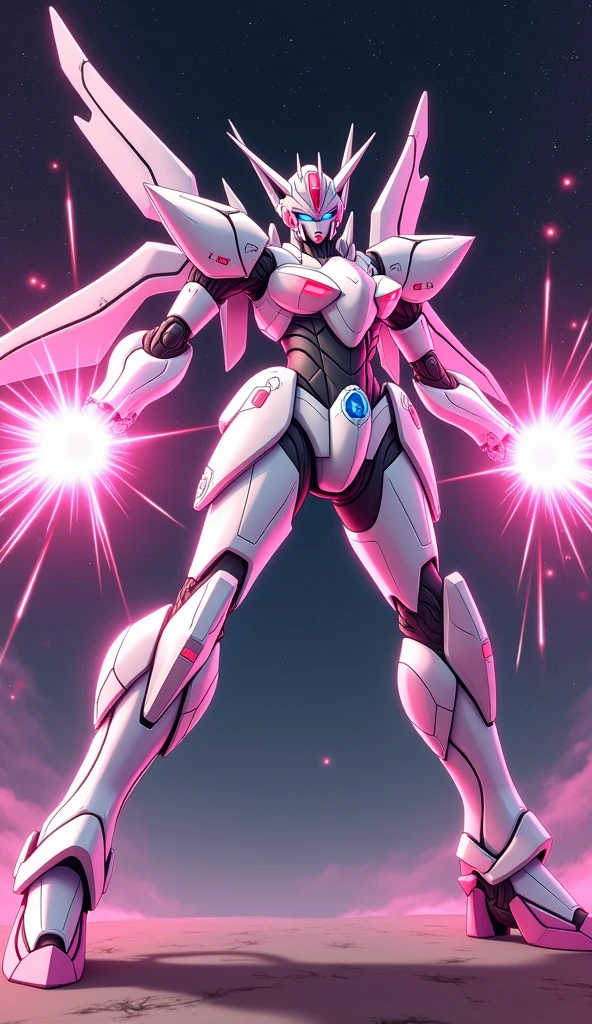 anime, Giant Robot, A dynamic full-body image of a Marvel-esque white and pink female super robot battling with lasers coming out of her palms Simple Background,universe,