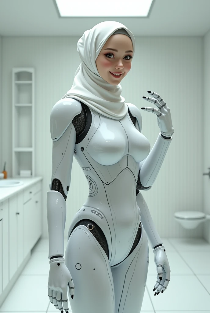 female robot wearing hijab, big breasts, white body, smile, robot arm, raise hand and wearing glove latex on the bathroom