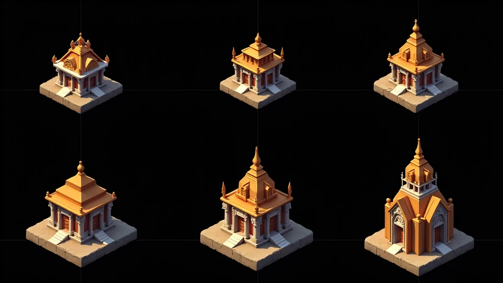 a close up of several different temples, detailed temples, small temples, Temples and temple details, isometric temples, prerendered isometric graphics, stylized temples, game assets, isometric game feature, large temples, Isometric views, temple background, isometric game art, detailed temples, isometric view of a temple, 3D Renderings