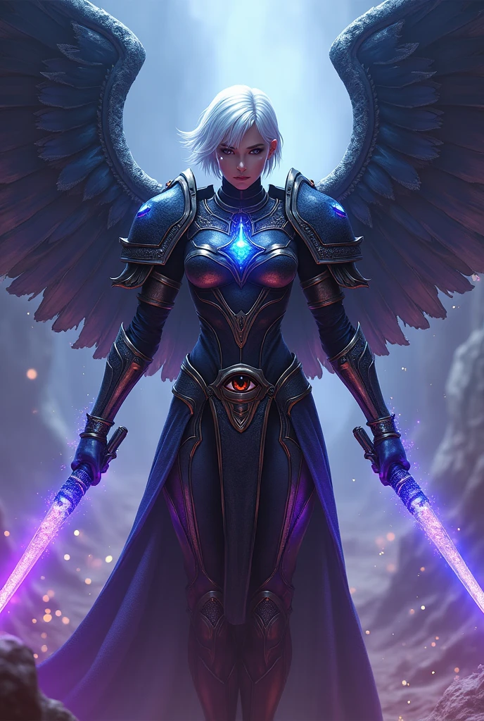 space marine, Warhammer 40K, Big woman, complete tying servant, eye in armor decoration, Egyptian decoration, purple and blue gradient, short white hair, additional eye on cheek with blue glitter, big wings, blue wings with purple sparkles, using blue and black rays in his hand,