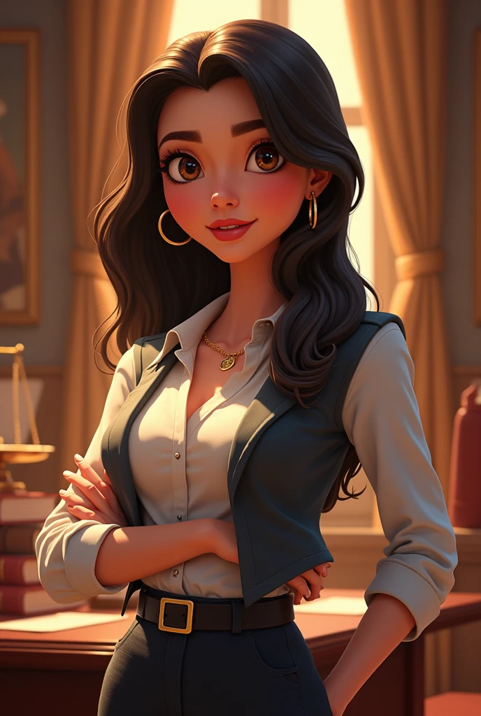 Remake the image with only 1 female character and Disney Pixar style. Add more elements that refer to Law