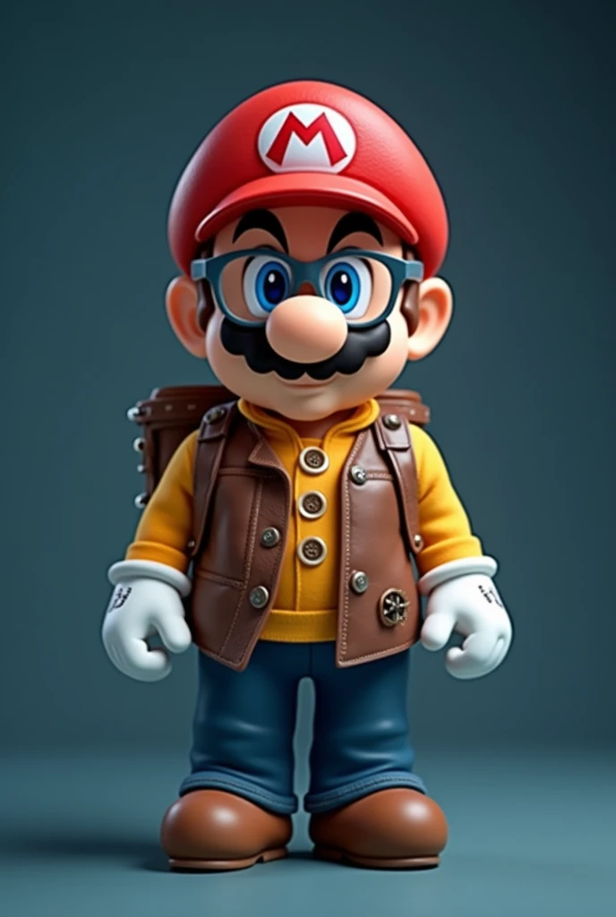 Mario bross baby with leather vest, mustache, Transparent glasses, brown backpack and looking straight ahead with dark blue background