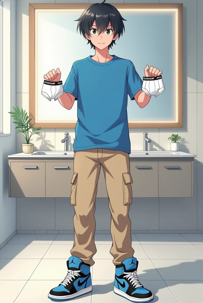 into the image, a teenager of , with white skin and straight black hair, is posing in a bathroom. He wears a blue t-shirt and beige cargo pants., complemented by a pair of Air Jordan sneakers in blue, black andwhite. The young man is holding a pair of white boxer briefs of his size with both hands, displaying it to the "Camera". The bathroom in the background is modern and minimalist., with details like a large mirror and light tiles. The teenager&#39;s expression is relaxed and a little amused., giving a casual and informal tone to the image, In anime style.