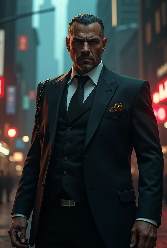 Homer the mobster, urban man in black suit with a cigar