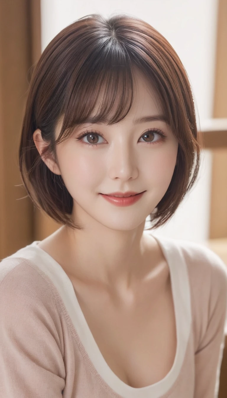 Tabletop, Highest quality, shape, Very detailed, finely, High resolution, 8k wallpaper, 完璧なダイナミックな構shape, finelyて美しい目,Medium Hair,Natural color lip, smile,2、cute、Looking into the camera、F Cup、Brown Hair、Belly button