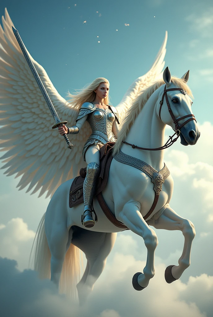 Valkyrie with a sword, on a white horse in the sky 