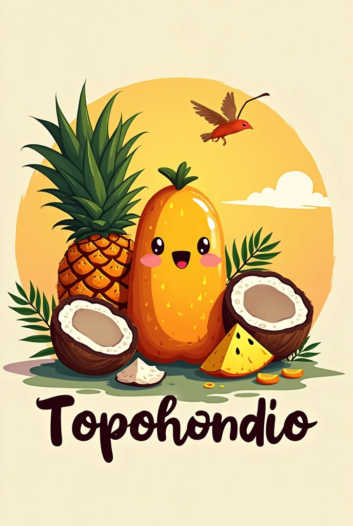 Generate a logo for a company that sells coconut topoyiyos,pineapple and tamarind called topohindio,that the logo says topohindio and that a tamarind topoyiyo appears,pineapple and coconut 