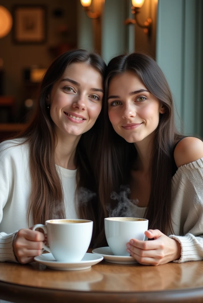 headshot, ukrainian girl, sitting at a café with beautiful smiling girl, on table two cup of coffee, BREAK dress, hands on table, BREAK makeup, long straight hair, pale skin, fair skin, white skin, BREAK AS-Adult