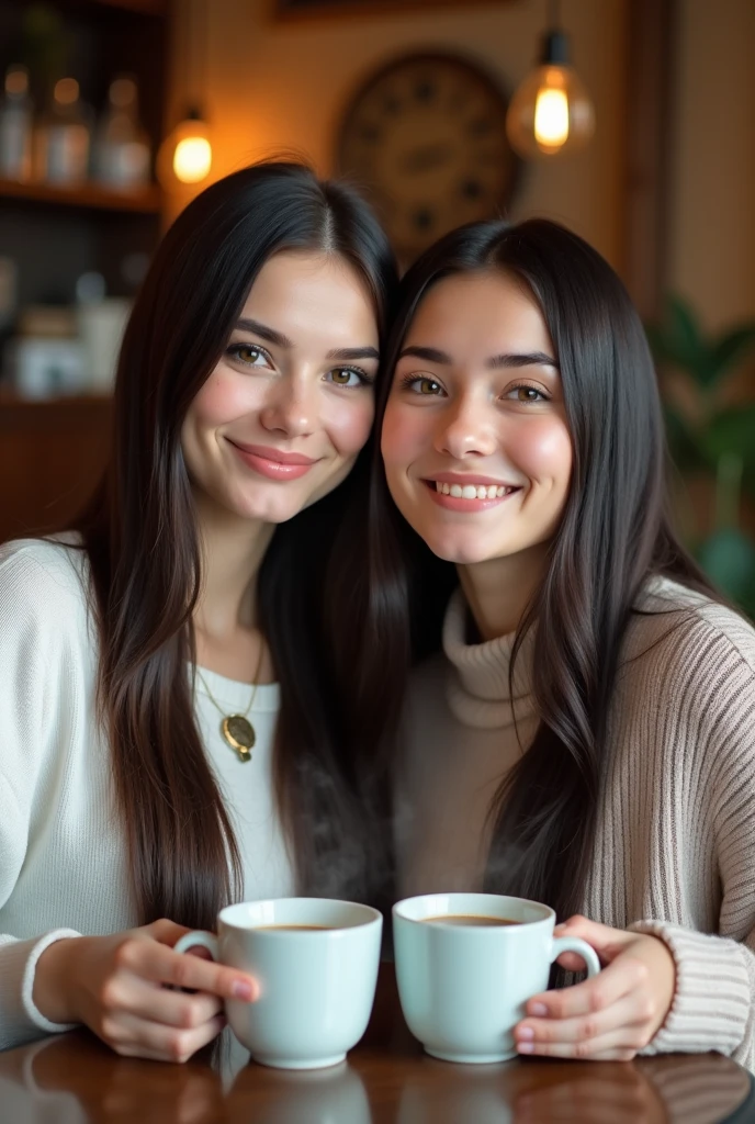 headshot, ukrainian girl, sitting at a café with beautiful smiling girl, on table two cup of coffee, BREAK dress, hands on table, BREAK makeup, long straight hair, pale skin, fair skin, white skin, BREAK AS-Adult