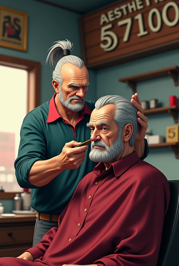 Generates an image of Mr Satan who appears in the Goku series with a ponytail tied back, cutting an old man's hair and in the background a sign that says Aesthetics 57100