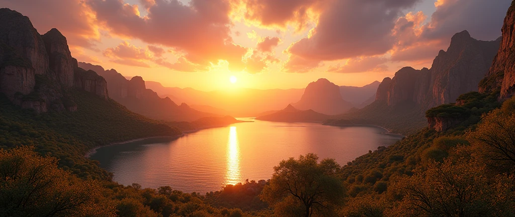 a stunning scenic landscape of the african wilderness, beautiful sunrise over a serene lake, dramatic cinematic lighting, majestic rocky formations, no animals or evil, breathtaking vista, ultra-detailed, (best quality,4k,8k,highres,masterpiece:1.2),ultra-detailed,(realistic,photorealistic,photo-realistic:1.37),dramatic lighting,cinematic composition