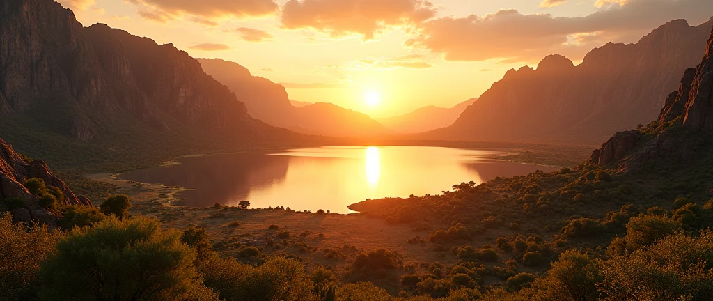 a stunning scenic landscape of the african wilderness, beautiful sunrise over a serene lake, dramatic cinematic lighting, majestic rocky formations, no animals or evil, breathtaking vista, ultra-detailed, (best quality,4k,8k,highres,masterpiece:1.2),ultra-detailed,(realistic,photorealistic,photo-realistic:1.37),dramatic lighting,cinematic composition