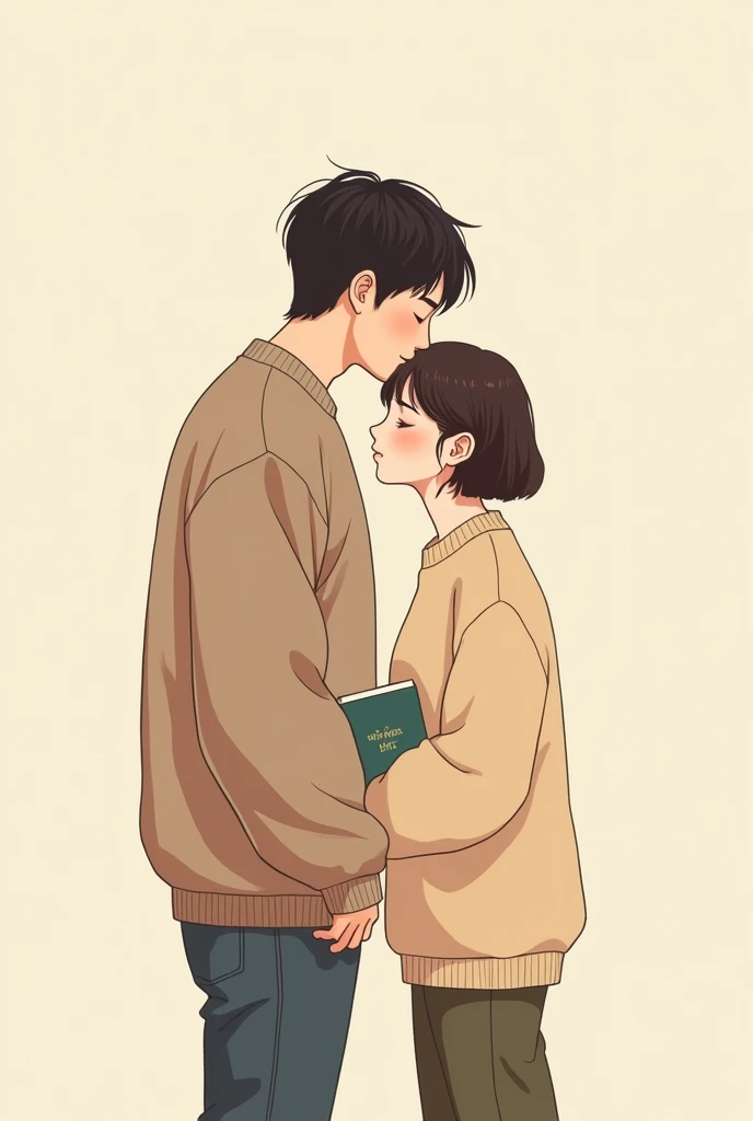 Vector art of couple wearing buggy plain sweater the boy is kissing the girl’s forehead. The girl holds a book to cover the kiss. The guy is taller and the girl is a bit chubby and with short hair and without bangs. The guys hair is korean style but a little skinny. Both got small eyes