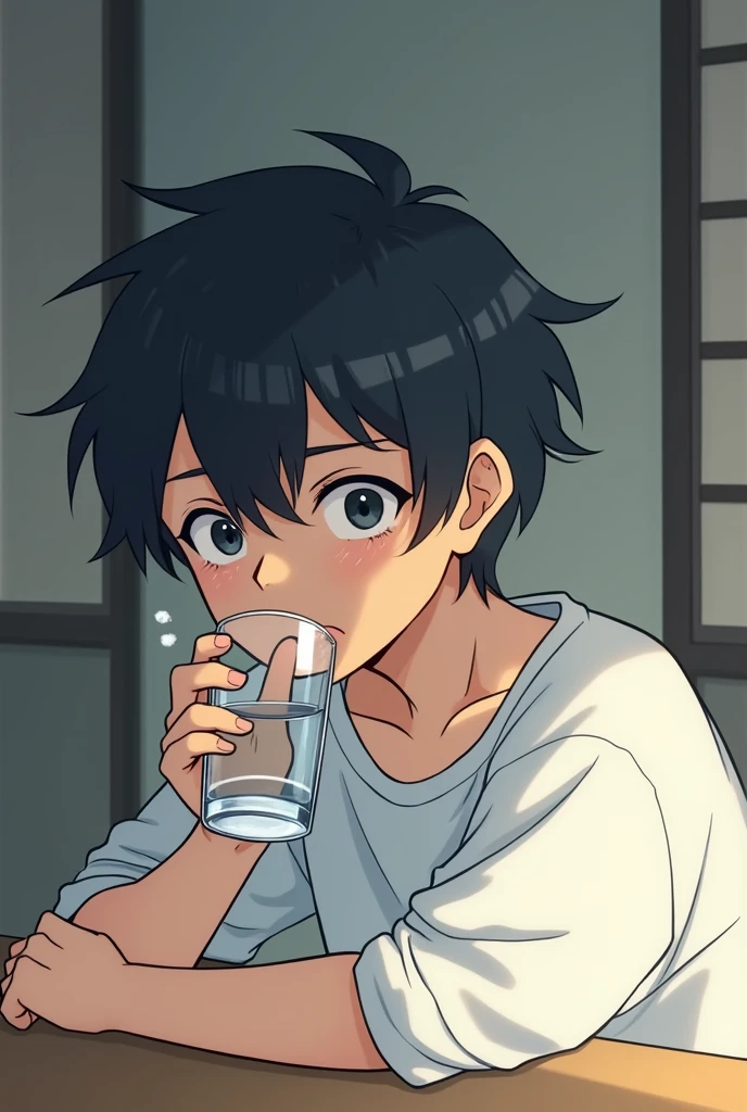 Tired anime boy drinking water from a glass, Japanese anime style