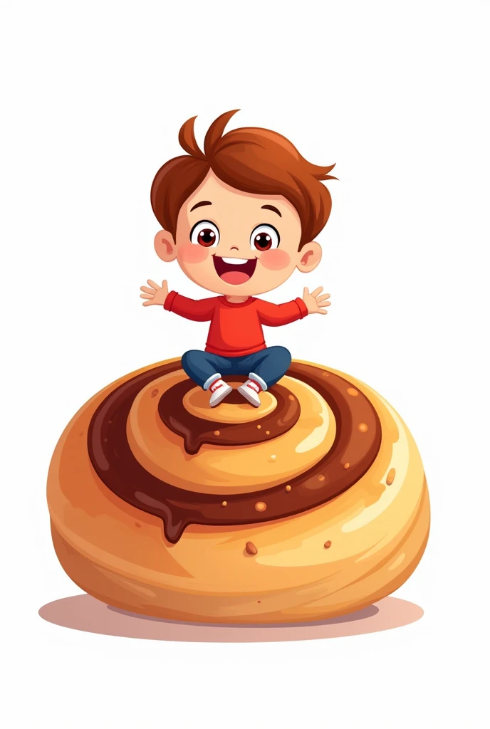 Cinnamon roll company logo called Nico Roll It should have a child sitting on a cinnamon roll and the company name on the side in comic sans font, black color.
Full format cartoon White background The child&#39;s shirt must be red The company name is Nico Roll and must be in high relief.
The child must be happy