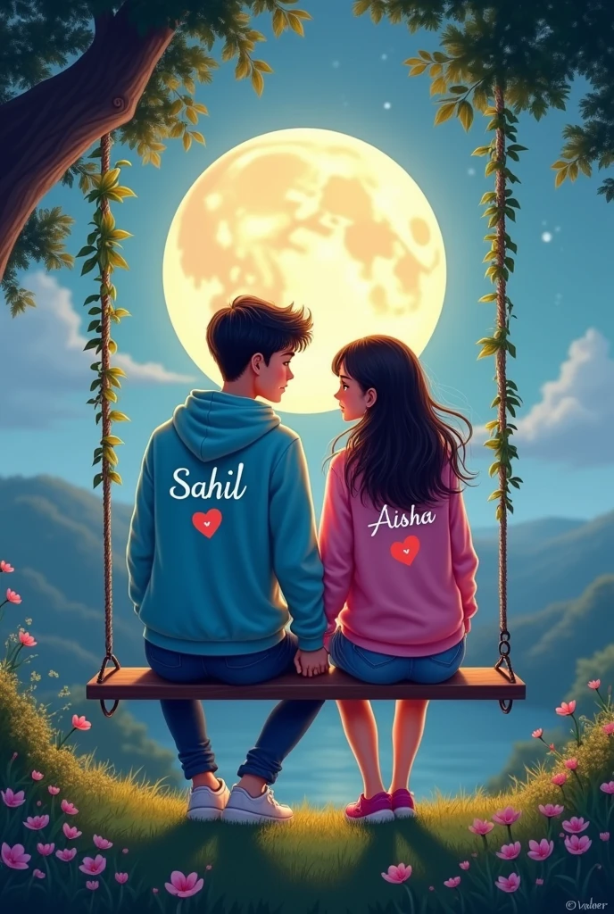 there are 20 Year old couple sitting of front on a swing in the beautiful greenery view, wearing a sky blue and pink hoodie,boy with name SAHIL, write on it,girl with name AISHA, write on it ,lovely couple, sitting on a moon, heart emoji,holding hands in the moonlight realistic art painting detail photo