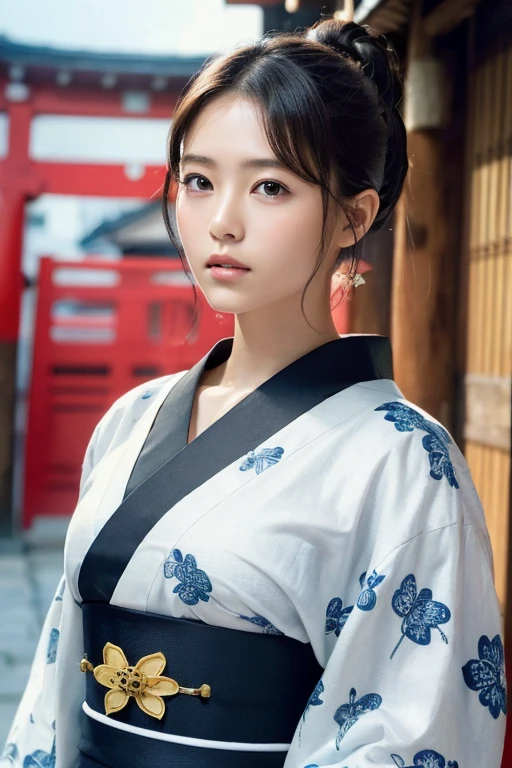 (Highest quality、8k、32K、masterpiece、Ultra-high resolution、Hmph:1.3)、(Japanese Idols:1.3)、One Girl、(Huge boobs:1.25)、(short hair)、Abdominal muscles、Perfect body、((Takan Ninja)), Delicate facial features, Ultra-realistic, Ultra-realistic, clavicle、Shadow、Octane Rendering、((Wear a beautiful kimono with a high degree of exposure)),Ultra detailed face、Detailed lips、Finely grained、double eyelid、(attractive)、((Stir:1.5))、maikurobiki、((belly button))、Underarm、((Female Ninja)),Kunoichi Ninja、Throwing Shuriken、Japan holding a sword、Mystical Expressions、Shrine Background、Old townscape of Japan、((Heavy chest)),Toostook、mecosuji、Colorful floral kimono、High Contrast、