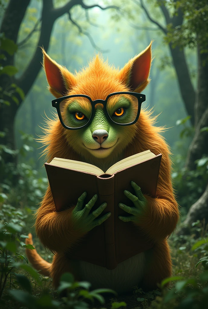 Un animal en gros plan feroce imaginaire orange et vert avec des lunettes qui raconte une histoire devant une caméra dans une foret