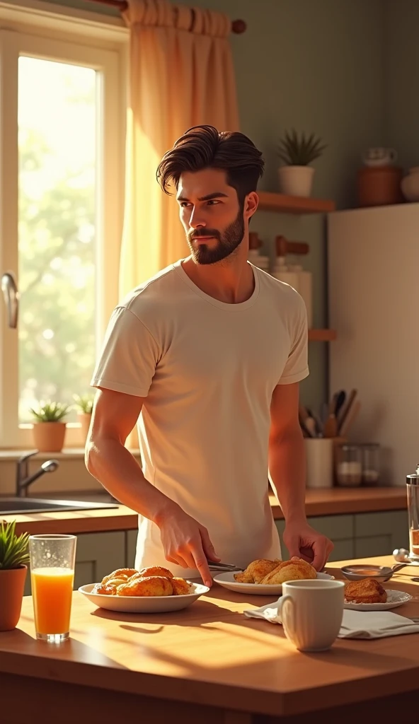  handsome boyfriend making breakfast at home,  pixar disney style, cinematic, masterpiece, high-aesthetic,  realistic 
