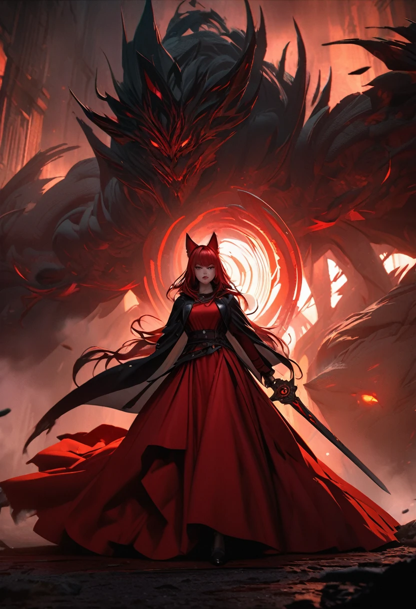 "A 1 with nine tails on her back and fox ears, wearing a modest red dress that flows elegantly and a black overcoat. She has red hair, a serious and determined expression, and is holding a sword in one hand. A black hooded figure stands nearby, adding to the mysterious atmosphere. Red energy surrounds her, accentuating her beautiful, detailed eyes and lips. Her face and features are extremely detailed, with a focus on photorealism. The scene is set in a dark, mysterious setting with dimly lit streets and fog, inspired by the style of Van Helsing. The background features cinematic, dramatic lighting with long shadows, creating a moody and thrilling atmosphere. The colors are rich and vibrant, with a dark, moody color palette, and the overall image captures the essence of a fierce and skilled huntress in action, rendered in 8k resolution with ultra-detailed, physically-based rendering."