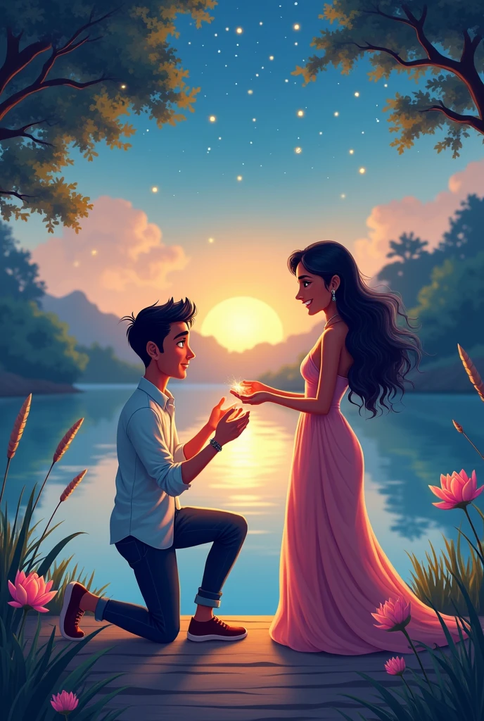Create a Indian cartoon charcter of couple  A serene lakeside setting during twilight, with the man down on one knee holding a ring, proposing to the girl. She is surprised and emotional, dressed in an elegant gown, while he is in a smart casual outfit. The lake reflects the starlit sky, adding to the romantic