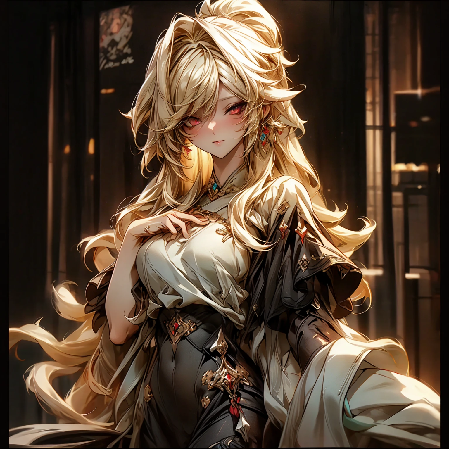 (best quality)), ((Masterpiece)), (details:1.4), 3d, HDR (high dynamic range), an image of a beautiful cyberpunk female, fantasy, Blonde hair, Sleek style, Curtain Bangs, Red eyes, จมูกโด่ง, ปากแดง, หน้าอกใหญ่, nvidia RTX, PBR surface, After processing, Anisotropic filtration,depth of field, Maximum clarity and clarity, multi-layered surface, Subsurface scattering, perfect proportions, 8K raw files, ultra detailed, Perfect proportions, volumetric lighting, soft lighting, Holy Paladin, Heavy black Armor, glossy skin, chapel background, jewely, ต่างหู, นิ้วมือสมบูรณ์,