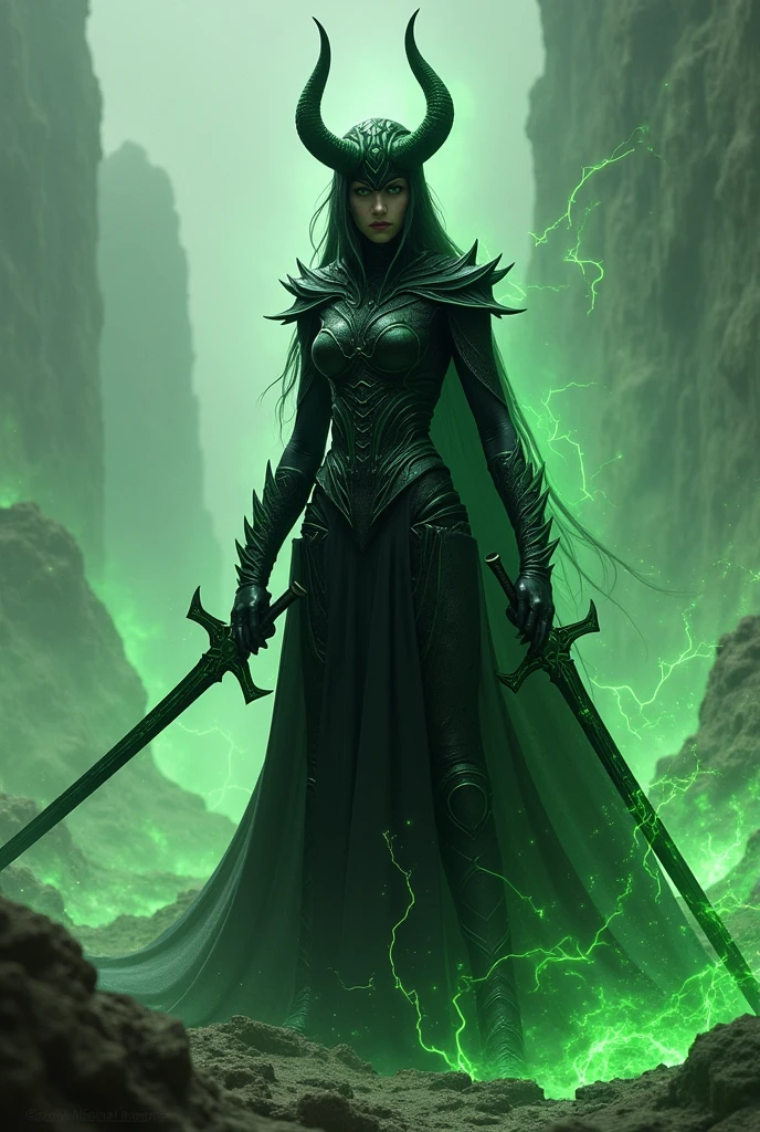 1girl, black helmet, multiple long horns, black costume with green lines, multiple black swords, green magic power