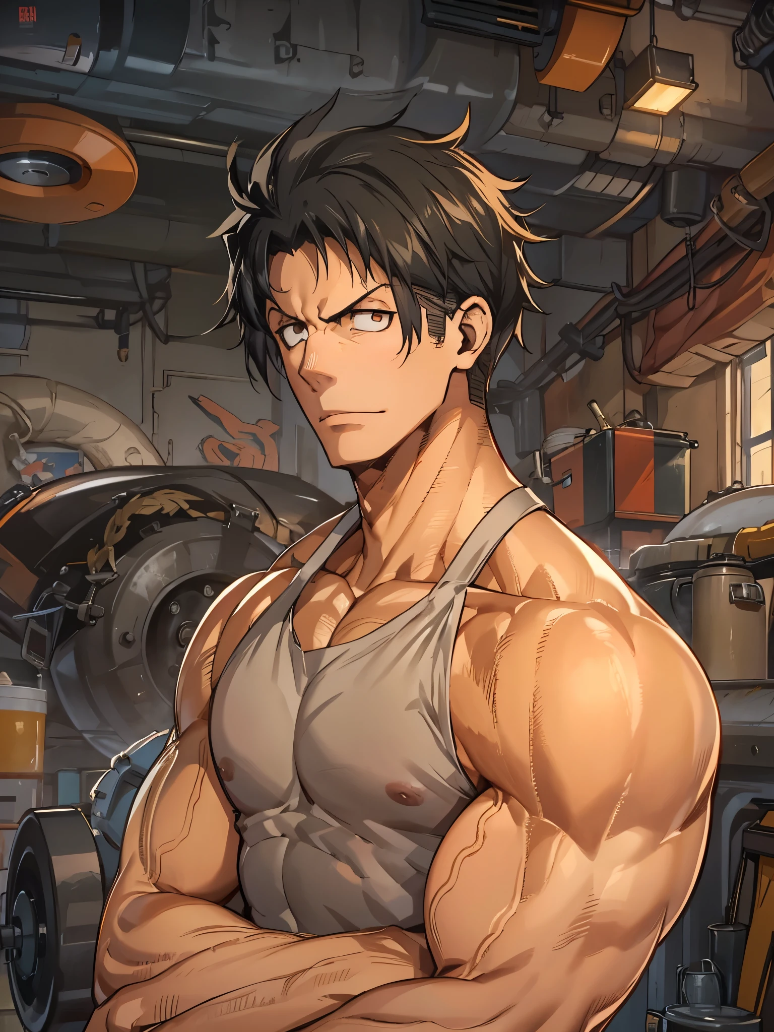 8k, Highly Detailed, Masterpiece, source_anime, best quality, beautifully detailed eyes and beautifully detailed hair, 1man, solo, Digital illustration in an anime style featuring a muscular male character. The character has short, spiky black hair and a determined expression with brown wide eyes and a slight smirk. His skin is a light tan color, and his physique is highly defined, showcasing prominent muscles on his arms, chest, and abdomen. He is depicted shirtless, wearing an orange jumpsuit to  waist, background is the character is in a car repair shop