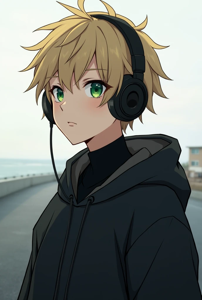 A profile picture of an anime boy with blonde hair and green eyes, short hair with eyeliner, and with thoughtful headphones, in a black sweatshirt and turtleneck, and watching the horizon, a little serious and melancholic