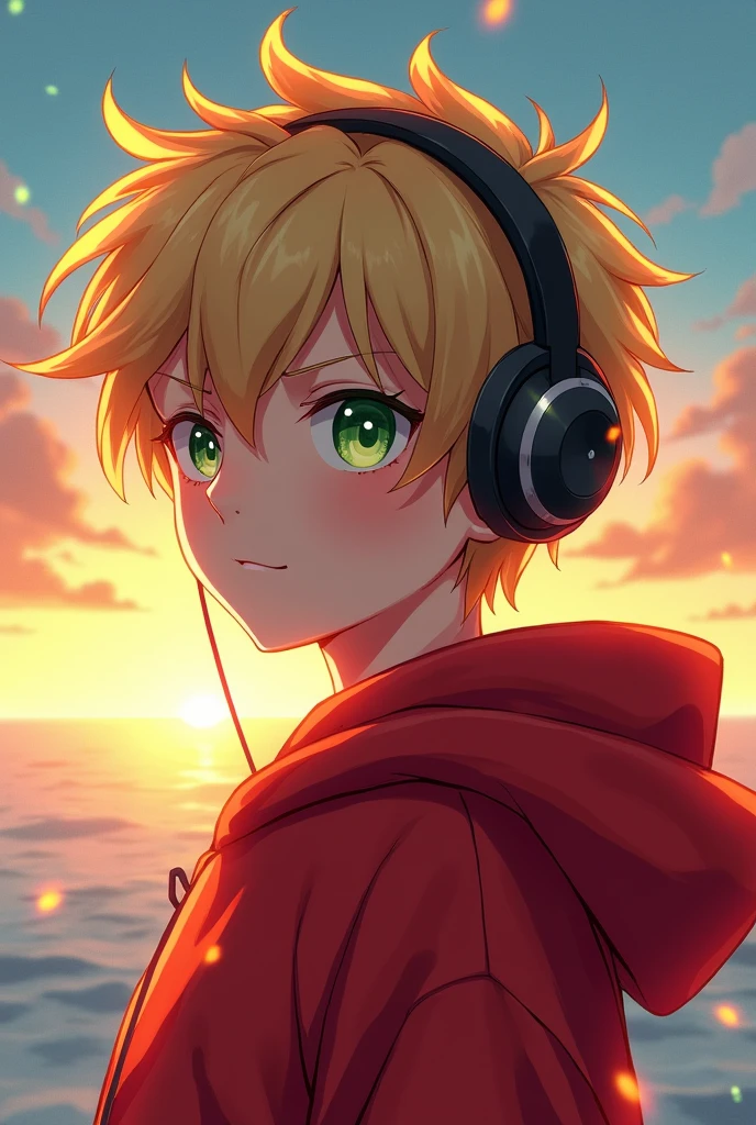Create an anime-style image of a male character with blond hair, Wearing Headphones, greeneyes, he has a small mole on his nose, and wearing a red sweatshirt. He is wearing a red reflective hoodie looking at the horizon.