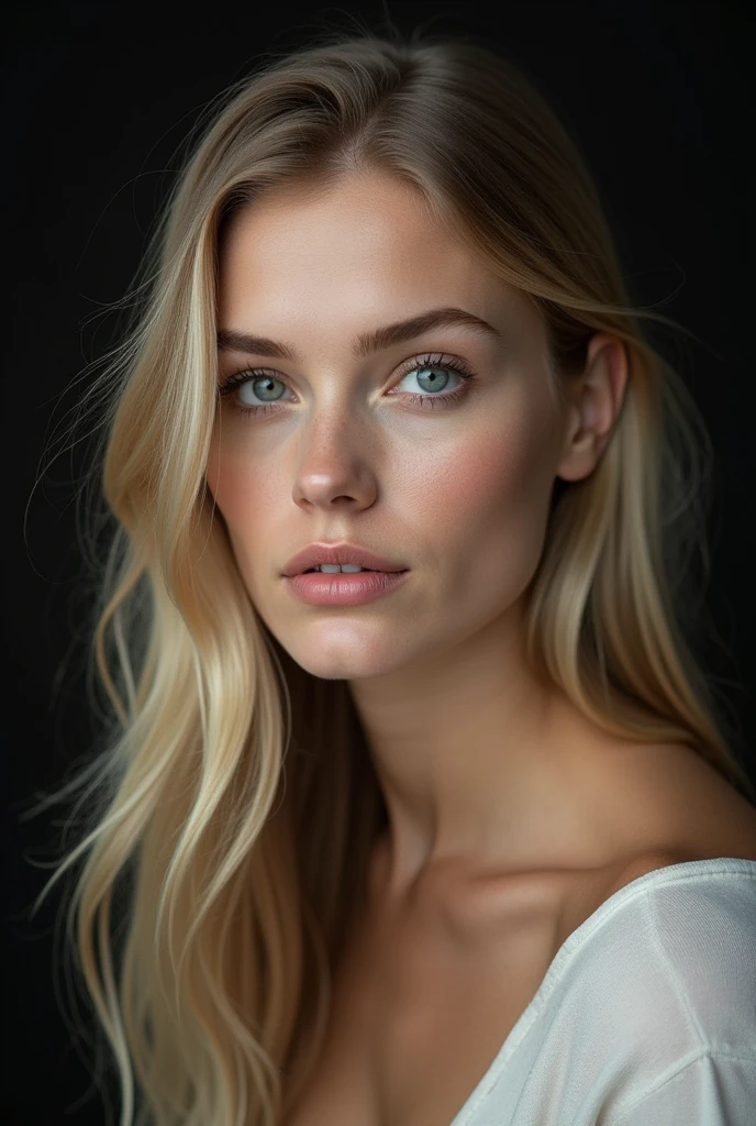 HYBRID FACE BETWEEN HELENA KAMPOURIS AND AMY ADAMS, VERY PALE SKIN, HIGH CHEEKBONES, ROSY CHEEKS, MENTAL FORAMEN, GORGEOUS LIPS, GRAY EYES, LONG BLOND HAIR, DIFFUSED DAYLIGHTS ON FACE, BLACK CACKGROUND, MASTERPIECE