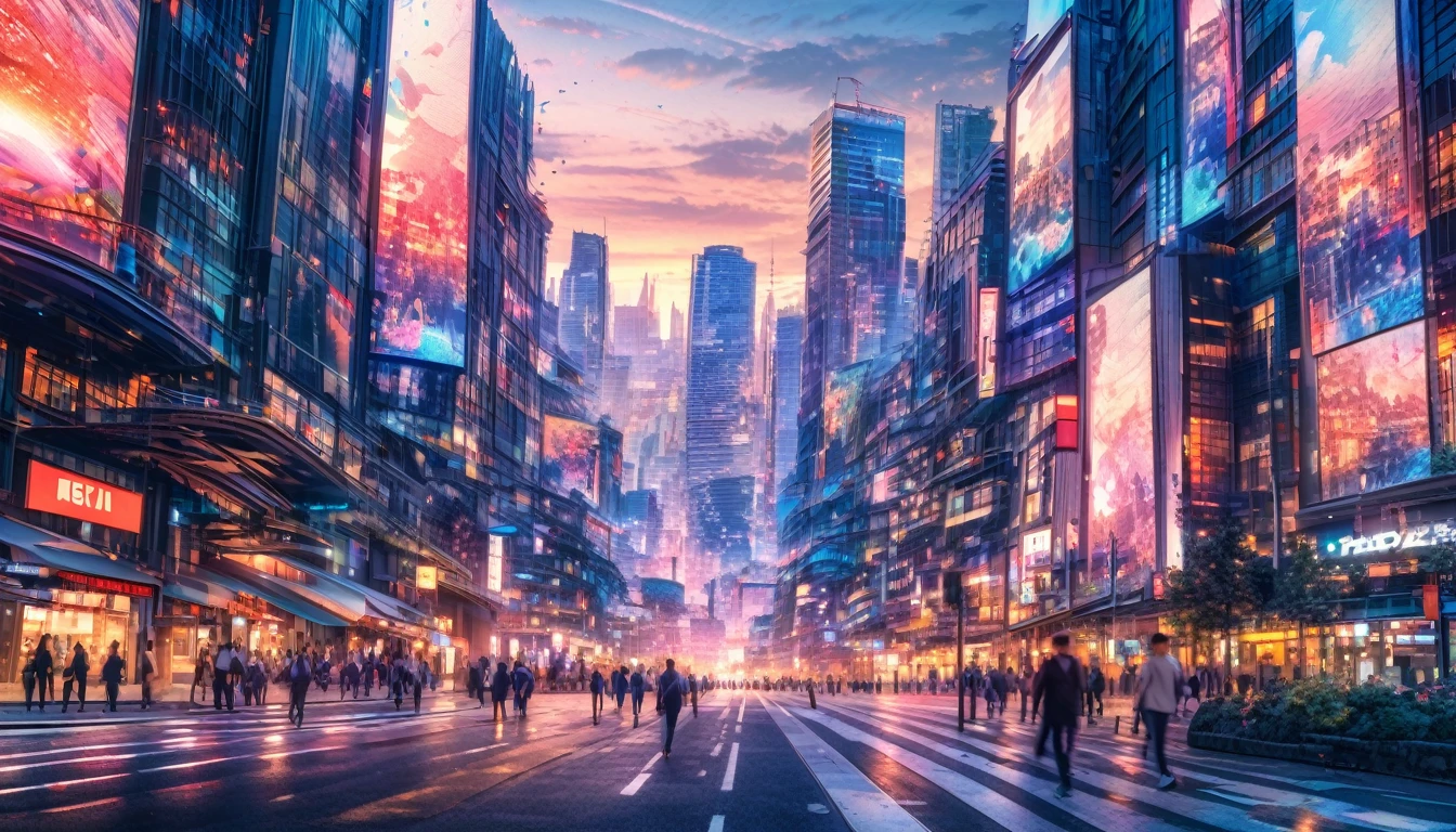Modern city, busy street at dusk, tense lens, the body of the photo is the background of the big city, bright and fresh photos, beautiful abstract big city, surreal background, enchanting style,