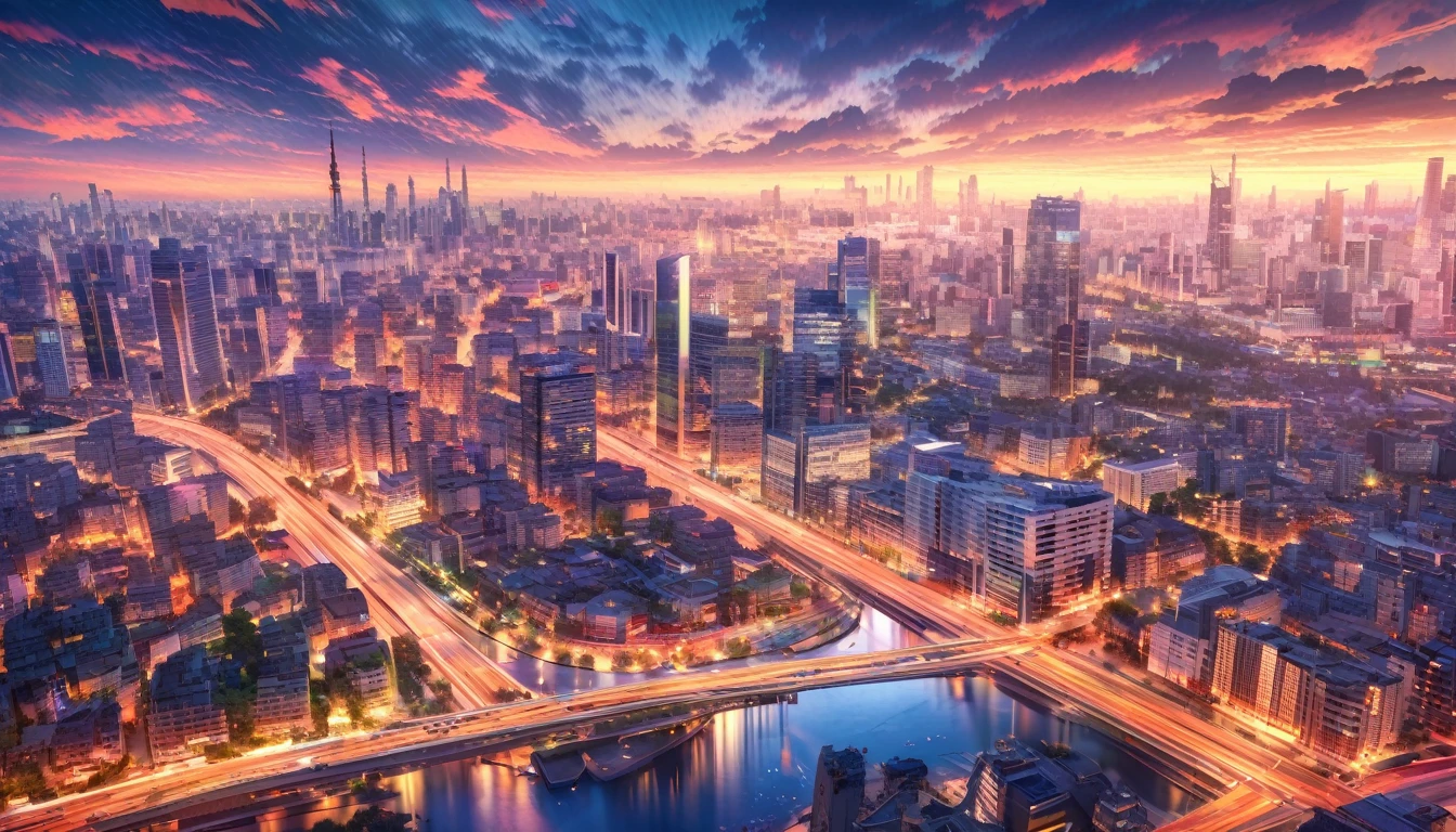 Modern city, busy street at dusk, tense lens, the body of the photo is the background of the big city, bright and fresh photos, beautiful abstract big city, surreal background, enchanting style,