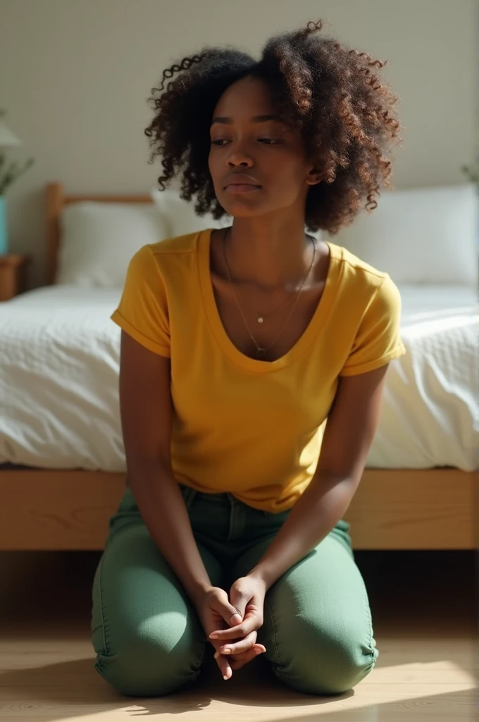 create a realistic image of a beautiful 1 black girl, her name is Anny(short curly hair, brown dark eyes, turned legs, yellow women's shirt, green jeans, bent at the bar), she is kneeling on the floor at the front of the bed in her room, Head a little down, eyes locked, hands together on the legs, sharp image with brightness, Image 3:2