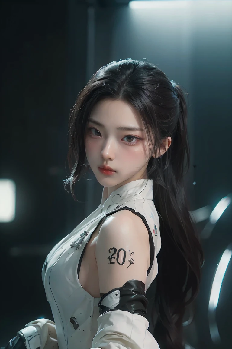 20 year happy girl with face tattoo encased in the cybernetic metal suit, move with fluidity and precision, casting a vibrant glow that adds a touch of cyberpunk brilliance to her appearance, (best quality,4k,HDR:1.2),realistic,sweating skin,detailed thin face,heavy makeup,standing,(((upper body))),mini breasts,ear pierced with flowing burnin hair