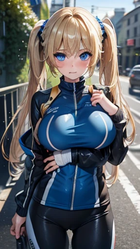 Blonde,Long twin tails,Very curled hair,Bright blue eyes,freckles,Big Breasts,ager,Skin-tight clothing,Road bike,Sweat,Wet clothes