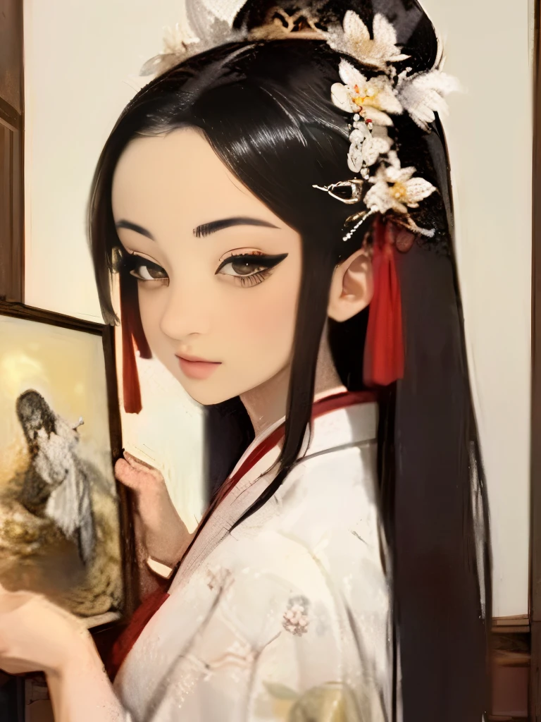 a close up of a woman in a kimono dress holding a bag, ancient chinese princess, beautiful character painting, ancient  beauties, by Li Fangying, by Li Song, palace ， a girl in hanfu, by Lu Guang, by Qiu Ying, by Hua Yan, by Chen Lin, by Qu Leilei,  princess, by Lan Ying,  girl