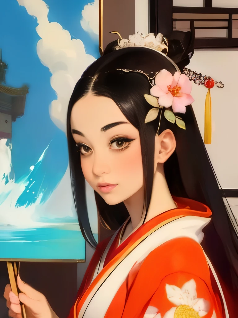 a close up of a woman in a kimono dress holding a bag, a detailed painting by Li Fangying, pixiv, fantasy art, ancient  princess, beautiful character painting, ancient  beauties, palace ， a girl in hanfu,  princess,  girl, , wearing ancient chinese clothes, traditional art, beautiful gorgeous digital art