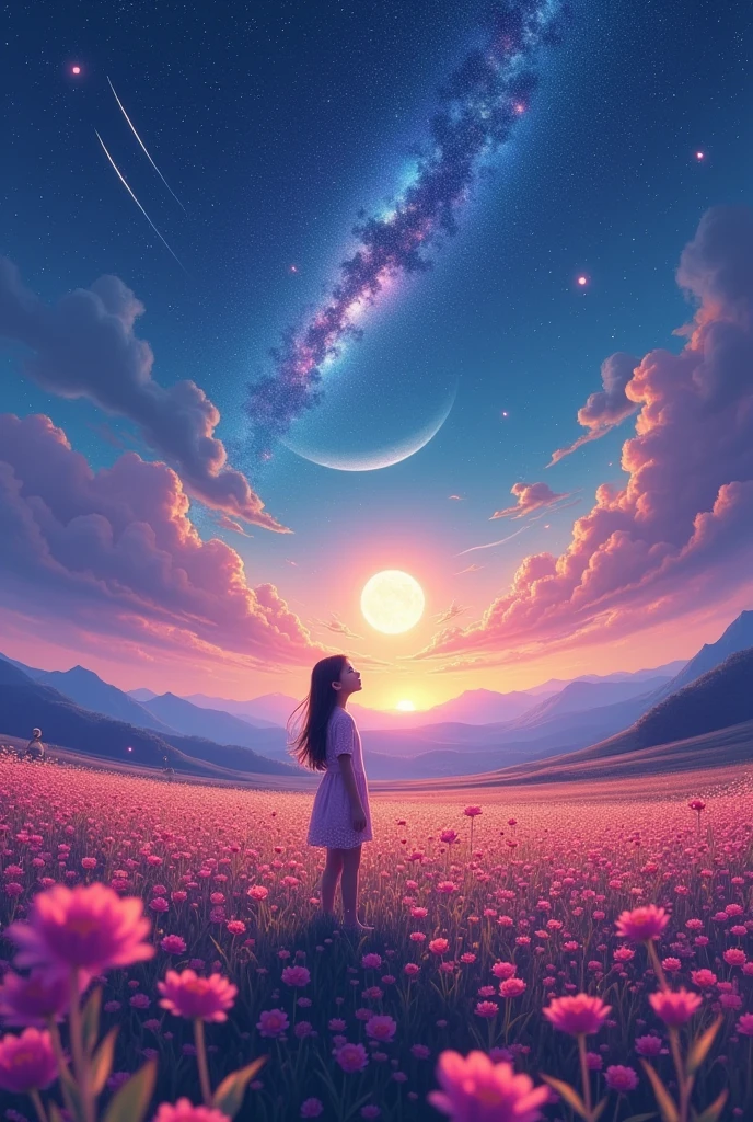 expansive landscape photograph, (a view from below showing the sky above and the open country below), a girl standing in a field of flowers looking up, (fullmoon: 1.2), (shooting stars: 0.9), (nebula: 1.3), distant mountain, BREAK tree production art, (Warm Light Source: 1.2), (firefly: 1.2), Light bulb, lot of purple and orange, details Intricate, volumetric lighting, BREAKING realism (Masterpiece artwork: 1.2) , (best qualityer), 4K, ultra detali, (dynamic composition: 1.4), highly detailed colorful details, (Iridescent Colors: 1.2), (bright lighting, atmospheric lighting), dreamy, magical, (standing alone: 1.2)