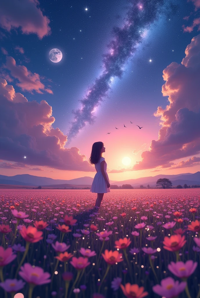 expansive landscape photograph, (a view from below showing the sky above and the open country below), a girl standing in a field of flowers looking up, (fullmoon: 1.2), (shooting stars: 0.9), (nebula: 1.3), distant mountain, BREAK tree production art, (Warm Light Source: 1.2), (firefly: 1.2), Light bulb, lot of purple and orange, details Intricate, volumetric lighting, BREAKING realism (Masterpiece artwork: 1.2) , (best qualityer), 4K, ultra detali, (dynamic composition: 1.4), highly detailed colorful details, (Iridescent Colors: 1.2), (bright lighting, atmospheric lighting), dreamy, magical, (standing alone: 1.2)