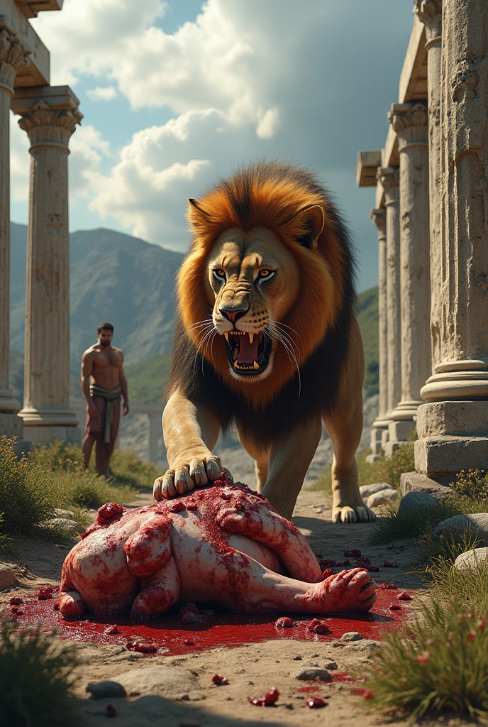photorealism:1.2),Greek ruins landscape, a lion eats meat, Lots of blood and a watching him
