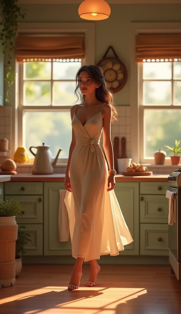 A georgous young woman entering the kitchen at home, pixar disney style, cinematic, masterpiece, high-aesthetic, realistic